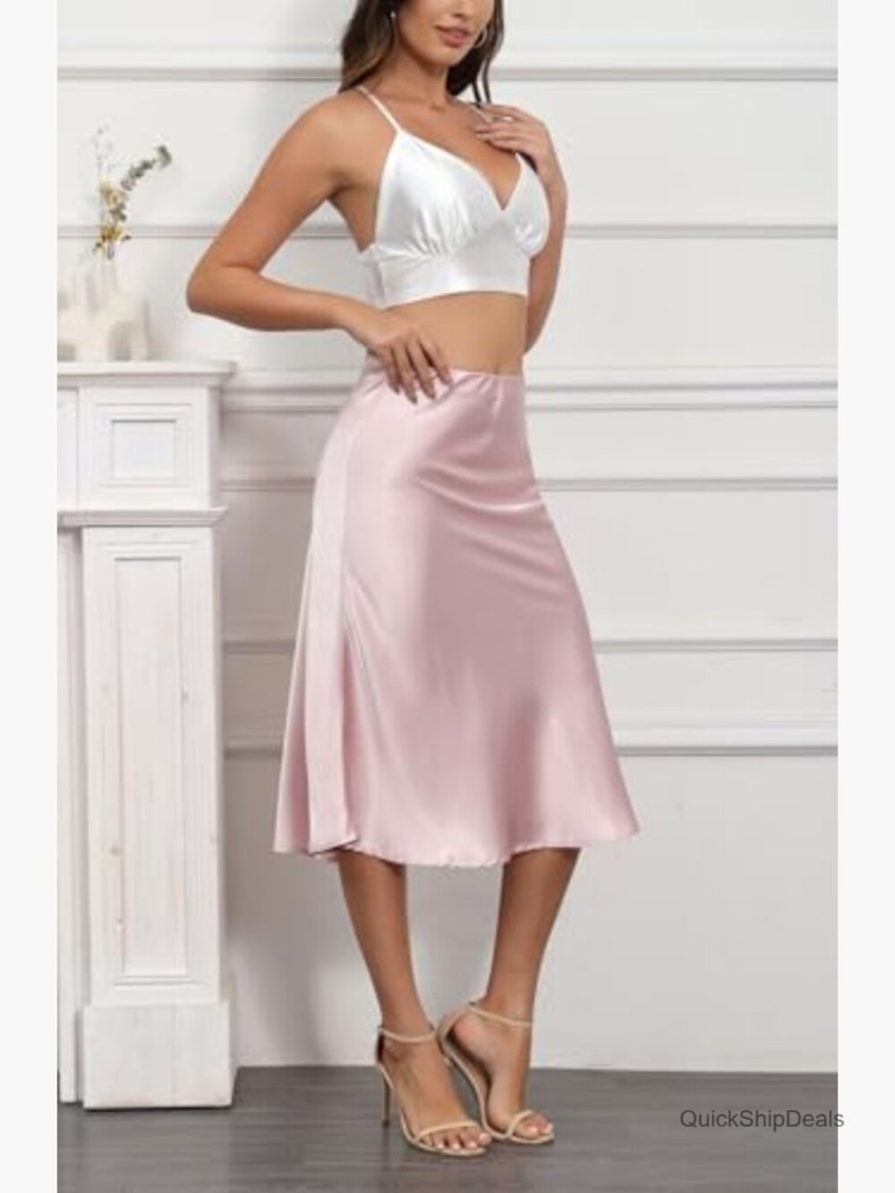 Silky Satin High Waist A Line Midi Skirt Elastic Pull On - Picture 3 of 7